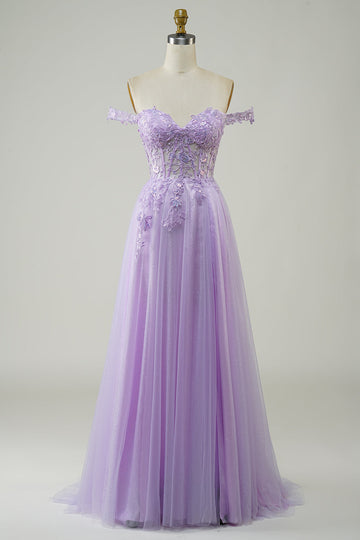 Purple Corset A-Line Long Tulle Ball Dress with Lace